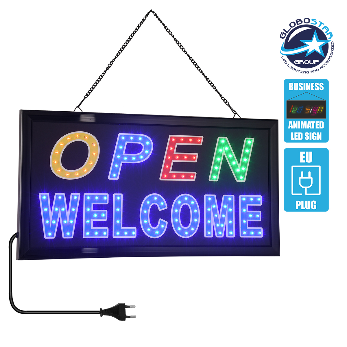 75680_1 GLOBOSTAR® SIGN 75680 Διακοσμητικό Φωτιστικό Τοίχου Ένδειξης / Σήμανσης "OPEN WELCOME" LED 5W 150lm 120° AC 220-240V IP20 Πολύχρωμο - Μαύρο - Μ48 x Π25 x Υ2cm - 2 Χρόνια Εγγύηση - Image 1