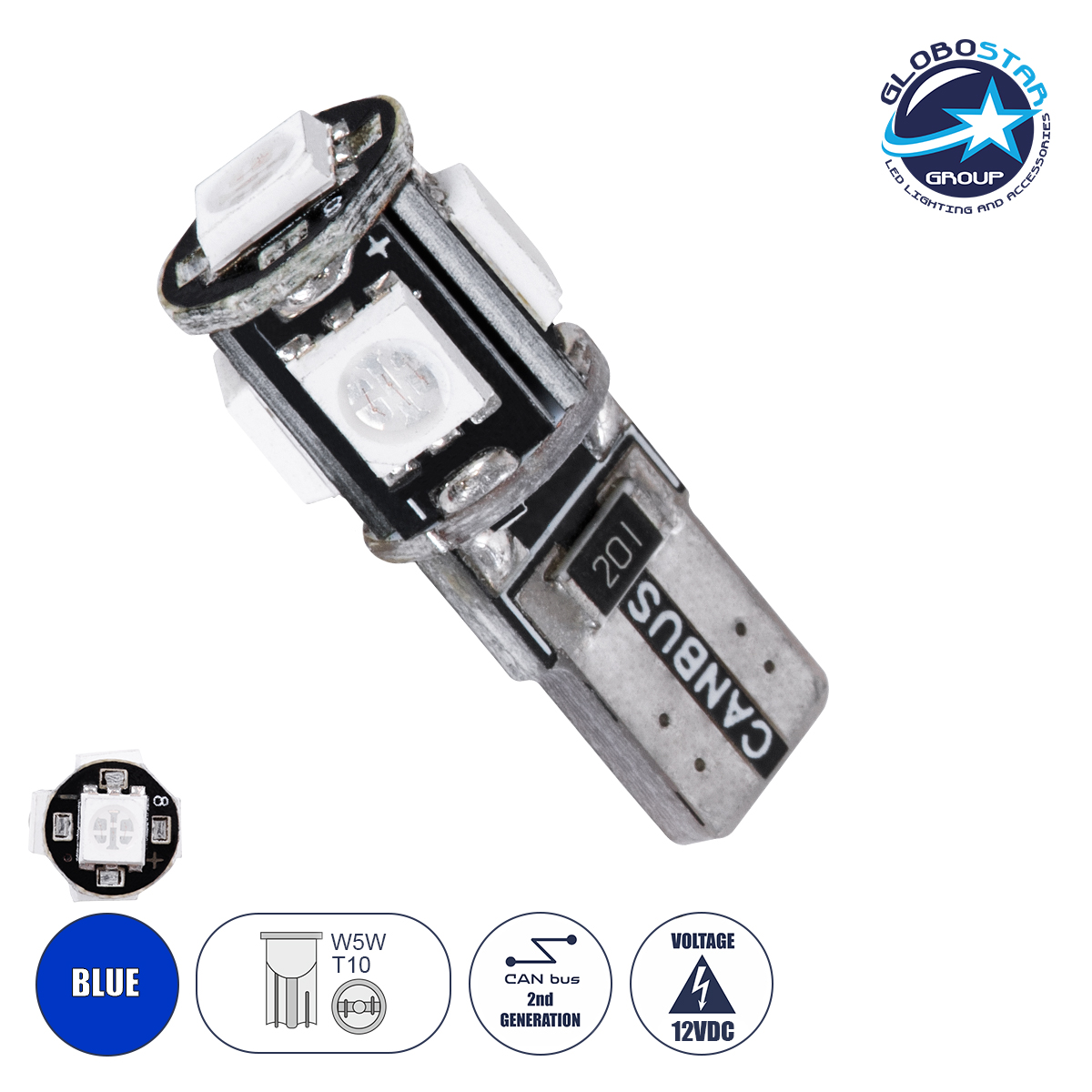 81093_1 GloboStar® T10 W5W 25000 Λάμπα Αυτοκίνητου LED 2rd Generation Can-Bus Series 5xSMD5050 2.30W 240lm 360° DC 12V IP20 Φ1.1 x Υ2.7cm Μπλε - Image 1