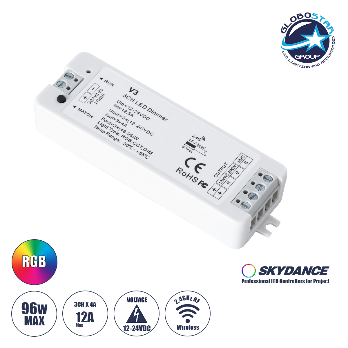 71546_01 GLOBOSTAR® 71546 SKYDANCE V3 PRISM Dimmer & RGB Controller 1/2/3CH DC 12-24V 12A 288W Max IP20 - RF 2.4GHz + Auto-Transmit + Sync - M9.7xΠ3.3xΥ1.8cm - 5 Χρόνια Εγγύηση - Image 1