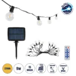 GLOBOSTAR® TWILIGHT 79667 Μοντέρνο Φωτιστικό Κήπου Γιρλάντα 7.5m με 15 Λάμπες & IR Ασύρματο Χειριστήριο LED 9W 810lm 360° DC 3.7V με Φωτοβολταϊκό Panel 5.5V 1.5W & Επαναφορτιζόμενη Μπαταρία Li-ion 3.6V 1x18650 2200mAh Αδιάβροχο IP65 Θερμό Λευκό 2700Κ Dimmable - Sanan SMD Chip - Μαύρο & Διάφανο - Μ750 x Π4 x Υ7cm - 2 Χρόνια Εγγύηση