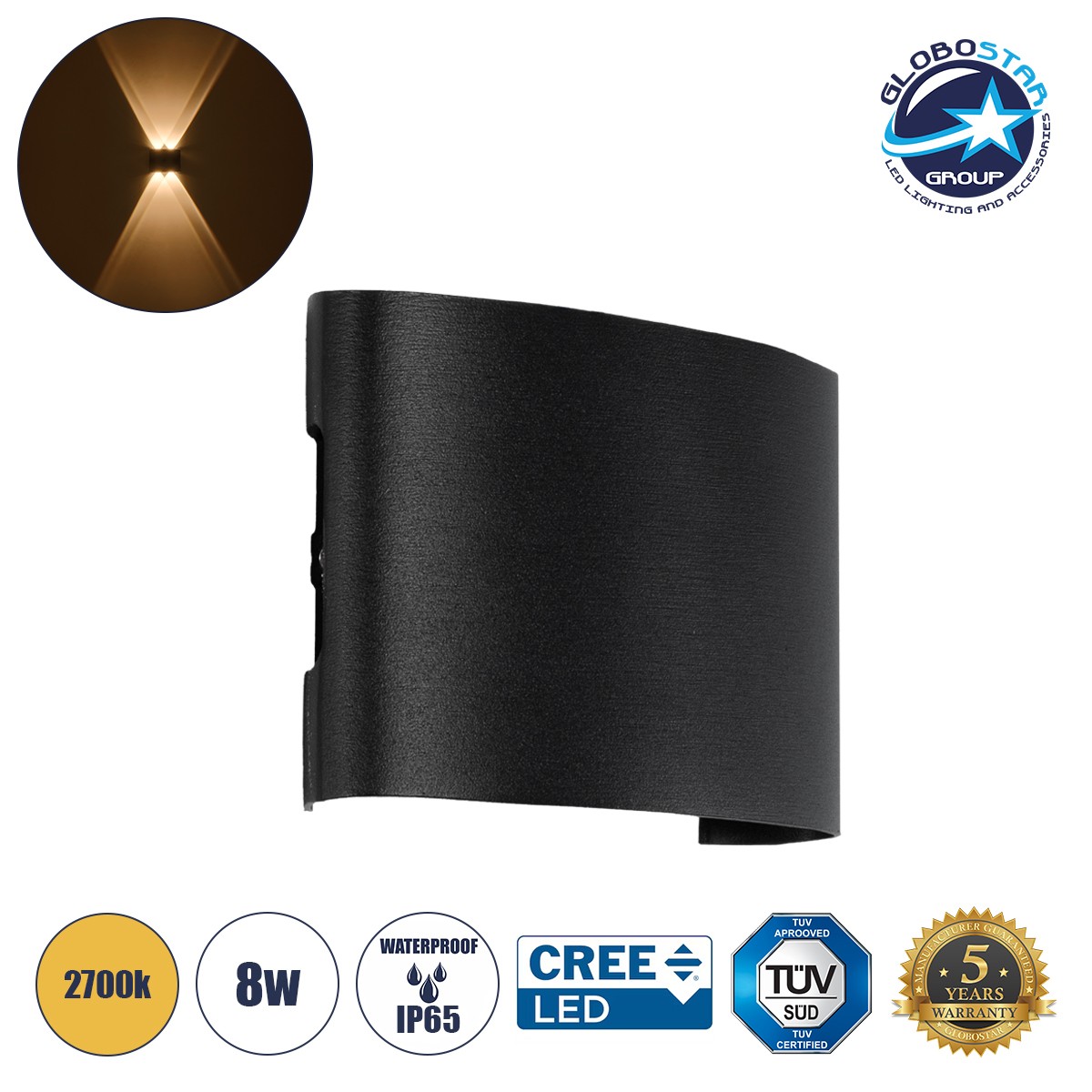 7dc9e9_60677_1 GLOBOSTAR® SIXOAD 60677 Μοντέρνο Φωτιστικό Τοίχου - Απλίκα LED 8W 800lm 30° AC 220-240V Αδιάβροχο IP65 Θερμό Λευκό 2700K - CREE XPE Chip & TÜV SÜD Driver - Μαύρο Ματ - Μ12 x Π4 x Υ8cm - 5 Χρόνια Εγγύηση - Image 1